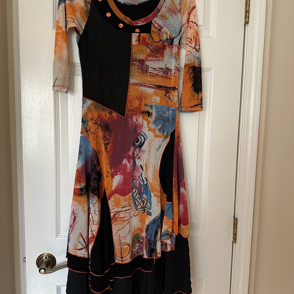 Black and Orange Fit and Flare Casual Dress with 3/4 Sleeves